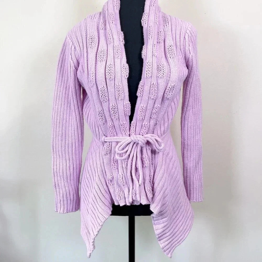 Pure Handknit Cotton Long Sleeve Tie Waist Sweater Cardigan